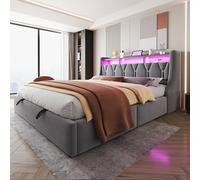 Moimhear Cama tapizada, cama de almacenamiento hidráulico, cabecero tapizado plegable con espacio de almacenamiento, enchufe y compartimento de almacenamiento, iluminación LED (gris)
