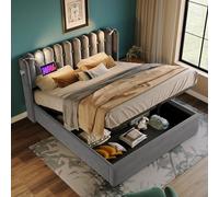 Moimhear Cama tapizada de 140 x 200 cm, luz de lectura individual con función de carga, cabecero, espacio de almacenamiento, estructura de cama, material de lino, cama juvenil con somier (gris, 140 x