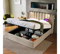 Moimhear Cama tapizada de 160 x 200 cm, luz de lectura individual con función de carga, cabecero, espacio de almacenamiento, estructura de cama, material de lino, cama juvenil con somier (natural, 160