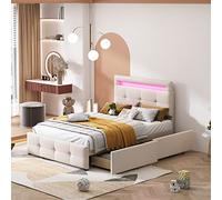 Moimhear Cama tapizada de 90 x 200 cm, con 2 cajones, luces led, acolchado de lino agradable al tacto, cama plana, individual, para niños, adolescentes e invitados