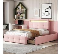 Moimhear Cama tapizada de 90 x 200 cm, con 2 cajones, luces led, acolchado de lino agradable al tacto, cama plana, individual, para niños, adolescentes e invitados
