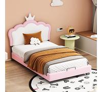 Moimhear Cuna acolchada de 90 x 200 cm, con somieres y respaldo, cuna para niñas con forma de corona, rosa (90 x 200 cm), LDU00031