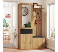 Moimhear Juego de armario con 5 ganchos, espejo, zapatero, armario de pared con estantes superiores, cajones, compartimentos de almacenamiento superiores, banco guardarropa (98,5 x 38 x 191 cm)