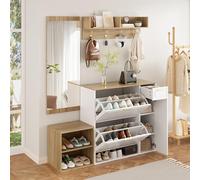 Moimhear Juego de perchero de 4 piezas, 139,5 x 35 x 166 cm, color madera + blanco, zapatero, banco, perchero de pared y espejo, para pasillo y entrada