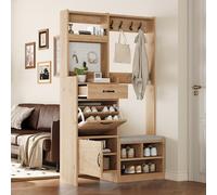 Moimhear Juego de perchero de pared, 108,5 x 35 x 180 cm, con zapatero, 4 ganchos, 1 cajón y 2 puertas, color natural