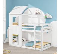 Moimhear Litera 90x200cm, Cama Infantil, casita para niñas y niños, con Escalera y Dosel, del Suelo al Techo, Madera Maciza