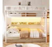 Moimhear Litera, cama de hierro, cesta de almacenamiento, 2 cajones de hierro, luz LED, sin colchón (blanco, 140 x 200 cm)