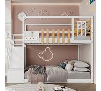 Moimhear Litera con escalera, ventana y estante, marco de madera de pino maciza, cuna con 3 taquillas en la escalera, con barrera anticaídas, color blanco, 90 x 200 cm