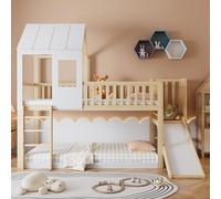 Moimhear Litera con tobogán, Cama-casita con Techo y Ventana, Cama Infantil con protección anticaídas y barrotes, Estructura de Pino (Color Madera+Blanco, 90x200cm)