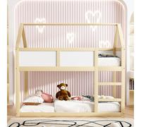 Moimhear Litera infantil, cama infantil, cama de madera, 90 x 200 cm, cama individual baja, cama alta con escalera, marco de madera maciza (color madera+blanco)