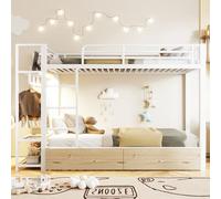 Moimhear Litera, marco de hierro, 2 cajones, varios estantes, con barra de luz LED, con barra para colgar ropa (blanco, 90 x 200 cm)