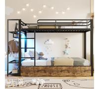 Moimhear Litera, marco de hierro, 2 cajones, varios estantes, con barra de luz LED, con barra para colgar ropa (negro, 90 x 200 cm)