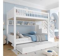 Moimhear Litera, sin colchón, cuna, con estante, con armario, con compartimento de almacenamiento, madera de pino+MDF (blanco con cama nido, 90 x 200 cm x 2 + 90 x 190 cm)