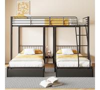 Moimhear Litera triple con cajones, convertible en cama doble de 140 x 200 cm y dos camas individuales de 90 x 200 cm, cama multifuncional con marco de metal (negro)