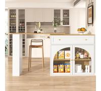 Moimhear Mesa alta extensible con espacio de almacenamiento (138 - 204 × 39 × 104 cm), mesa de comedor giratoria 360°, mesa de bistró, aparador con estantes y cristal (color blanco+madera)