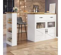 Moimhear Mesa alta extensible con espacio de almacenamiento (138 - 204 × 39 × 104 cm), mesa de comedor giratoria 360°, mesa de bistró, aparador con estante (color blanco y madera)