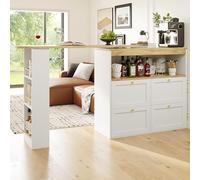 Moimhear Mesa alta giratoria 360° (cuerpo 105 x 39 x 102 cm) con 4 cajones y estantes abiertos, adecuada para comedor/estudio/salón (color blanco+madera)