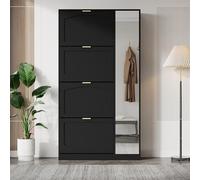 Moimhear Mueble zapatero con espejo, 4 compartimentos plegables, 80 x 147 x 24 cm, estante ajustable detrás del espejo derecho (Negro)