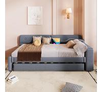 Moimhear Sofá cama, cama de día, 90 x 200 cm, sofá cama con somier (sin colchón), con cama nido extensible con compartimento plegable, USB+Type-c, lino (gris)