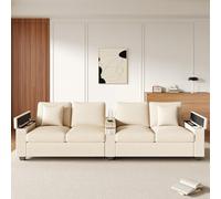 Moimhear Sofá de pana, función de carga, reposabrazos central plegable, espacio de almacenamiento oculto (beige)
