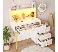 Moimhear Tocador con espejo LED giratorio y puertas correderas de cristal, juego de tocador con 4 cajones espaciosos, tamaño: 112 x 40 x 116 cm, color blanco y dorado