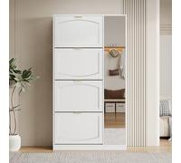 Moimhear Zapatero con espejo, 4 compartimentos plegables, estante ajustable detrás del espejo derecho, para el recibidor (Estilo 9, blanco, 80x24x147cm)