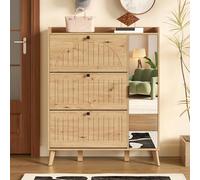 Moimhear Zapatero moderno con espejo y puertas abatibles, grano de madera, 110 × 24 × 137,5 cm, armario de pasillo vertical con 3 compartimentos plegables, estante y espejo