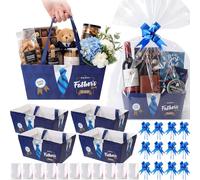 Moinchore 12 cestas vacías para el Día del Padre para regalos de 9.8 x 6.5 pulgadas, color azul y blanco, cesta de cartón con lazos, bolsas de celofán, azulejos giratorios, vacía para llenar para