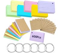 moinkerin Tarjetas A8 600 piezas 7,4 × 5,2 cm multicolor con 7 anillas y 12 tarjetas kraft - tarjetas rayadas para oficina, hogar y escuela