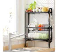 Mointal Escurridor de Platos 3 Niveles sobre Fregadero, Escurreplatos Grande para Encimera con Apoyo de Pared, Sin Taladro, Ventosas, Negro