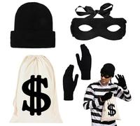 Moiuguli 4 piezas de accesorios de disfraz de ladrón de banco, disfraz de depredador de convicto para mujer y hombre, set con saco de dinero, gorro de punto, máscara de ladrón de bancos y guantes para