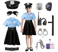 Moiuguli Disfraz de policía para niños y niñas, disfraz de policía con esposas, gorro de policía, marca de servicio, reloj, tarjeta de policía, walkie-talkie, silbato, bastón, gafas de sol para