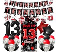 MOIZYNG Decoraciones de cumpleaños número 13 para niños y niñas, 30 globos de fondo para adolescentes, color negro y rojo, con texto en inglés "Bruh I'm 13 Birthday", globos colgantes para fiestas de