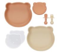 MOJINL Platos de silicona para bebé con ventosa y tapa, platos infantiles antideslizantes con división, sin BPA, diseño de oso, apto para lavavajillas, vajilla para bebé con cuchara de silicona y