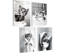mojoliving Juego de 4 pósteres de gatos, imágenes para pared, negro y blanco, decoración para el baño, A4, impresiones artísticas divertidas y dulces, gato bañándose, leyendo, cepillándose los dientes