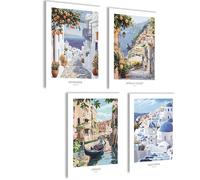 mojoliving Juego de imágenes Mykonos Santorini Amalfi Venecia Póster Grecia Murales Italia Aesthetic Poster Retro Decoración de Pared Salón Cuadros Baño