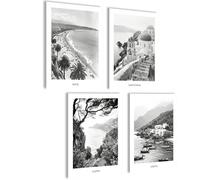 Mojoliving Set de Imágenes en Blanco y Negro de Ciudades - Póster de Niza, Santorini, Creta y Capri - Mural para Pared