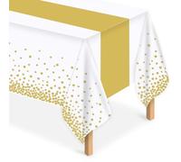 MOKANI Manteles de papel desechables, paquete de 4 manteles para fiestas, manteles rectangulares blancos y dorados con confeti de lunares para fiestas, picnics, Navidad, cumpleaños, baby showers, 137