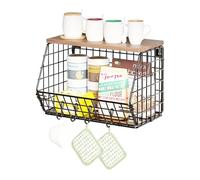 Mokaskaidj Fruteros de Cocina, Cestas Fruta, Frutero de Cocina Moderno de 2 Pisos, Cestas de Frutas Apilables y Montables en la Pared con Tapa de Madera y 4 Ganchos para Almacenar Verduras y Frutas