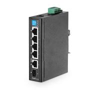MokerLink Interruptor PoE Gigabit de riel DIN industrial de 6 puertos, 4 puertos PoE de 100/1000Mbps, IEEE802.3af/at PoE+, 1 Gigabit de enlace ascendente, 1 Gigabit SFP, riel DIN de metal y, 6*1G POE