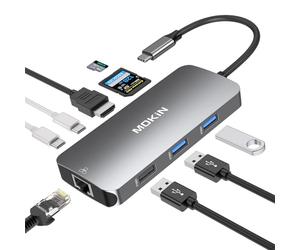 MOKiN Adaptador multipuerto USB C para MacBook/DELL/HP, 9 en 1 USB C, estación de Acoplamiento para portátil con HDMI Ethernet 4K, Adaptador para Laptop de 3 Puertos USB, Carga PD de 100 W, SD/TF