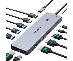 MOKIN Estación de Acoplamiento USB C, Adaptador Múltiple 13 en 1 Triple Display, 2 HDMI, DP, Base para Portátil con 100 W PD, 6 Puertos USB, Ethernet, Audio, USB C Hub HDMI