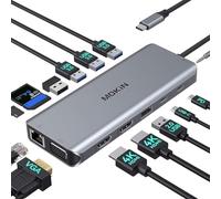MOKiN Estación de acoplamiento USB C con doble monitor para portátiles | Adaptador multipuerto 14 en 1 para laptop, 5 USB, carga PD de 100 W, lector de tarjetas SD/micro SD, audio para Dell/Surface