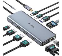 MOKiN - Estación de acoplamiento USB C para monitor dual, 3 monitores, adaptador multipuerto USB C 12 en 1 con HDMI 4K, DisplayPort+VGA, 100 W PD, 4 puertos USB, Ethernet, SD/TF y audio