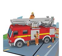 MOKIO® Tarjeta Pop-Up 3D - Camión de bomberos - Tarjeta de felicitación | Tarjeta de cumpleaños para fans de los bomberos, con camión y bomberos, como invitación o para felicitar