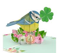 MOKIO® Tarjeta Pop-Up - Pájaro con Trébol y Flores - Tarjeta de felicitación 3D para un cumpleaños, examen o recuperación, Tarjeta regalo emergente de buena suerte con trébol de la suerte