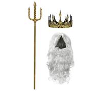 MOKKHNB 1 Set de Tridente del y Dorada | Accesorios de Cosplay para Adultos para Actuaciones de Halloween | Incluye Peluca Gris y Barba Postiza para Fotos de Fiesta