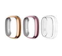 MoKo 3 Piezas Funda Protectora Compatible con Fitbit Versa 3/Fitbit Sense, Carcasa de Protección Completa de TPU Suave con Protector de Pantalla - Rosa/Oro/Transparente
