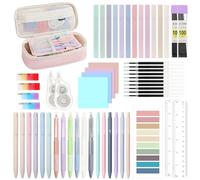 MoKo 56 PZS Material Escolar con Estuche para Lápiz, Set de Papelería para Estudiantes Oficina, 12 Bolígrafos de Gel, 12 Rotuladores Pastel, 6 Portaminas 0,5/0,7 mm, Notas Adhesivas (Rosa)
