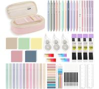MoKo 60PZS Material Escolar, Estuche Portalápices Rosa, 5 Bolígrafos de Tinta Gel, 6 Portaminas con Recambios, Borradores, 12 Rotuladores de Colores, 2 Reglas, Notas Adhesivas, Accesorios Escuela